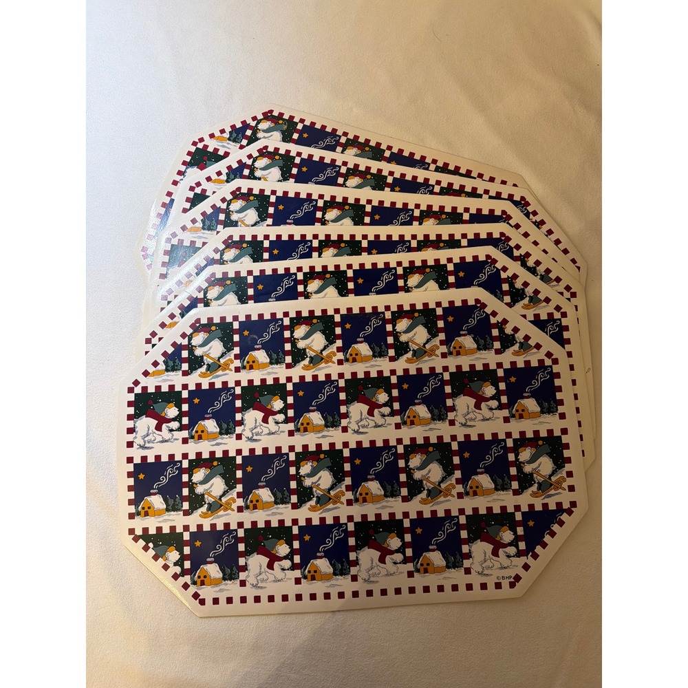 Vintage Winter Polar Bear PVC Placemats Set of 6 Christmas Holiday Decor